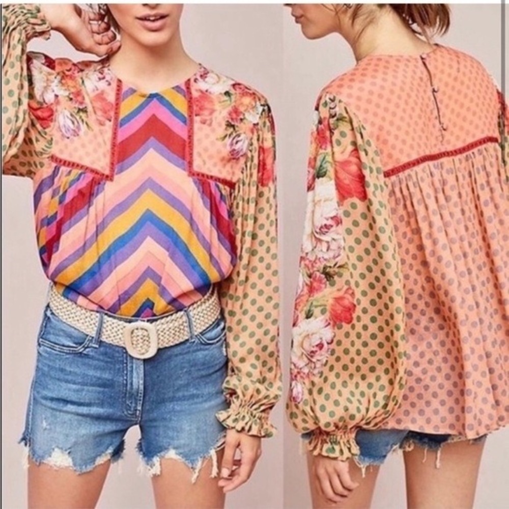 Bl^nk Bt ANTHROPOLOGIE Boho Multi-Pattern Peasant Blouse - Pink/Multi M